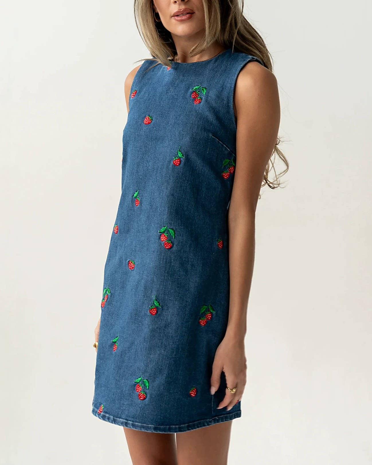 Retro Strawberry Embroidered Sleeveless Denim Dress: Blue / L