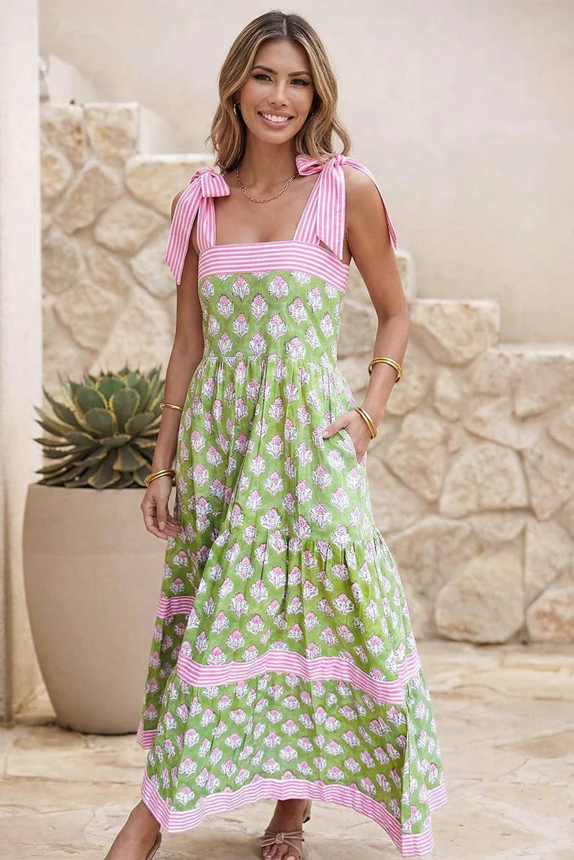 LDC Floral Print Striped Detail Knot Straps Maxi Dress