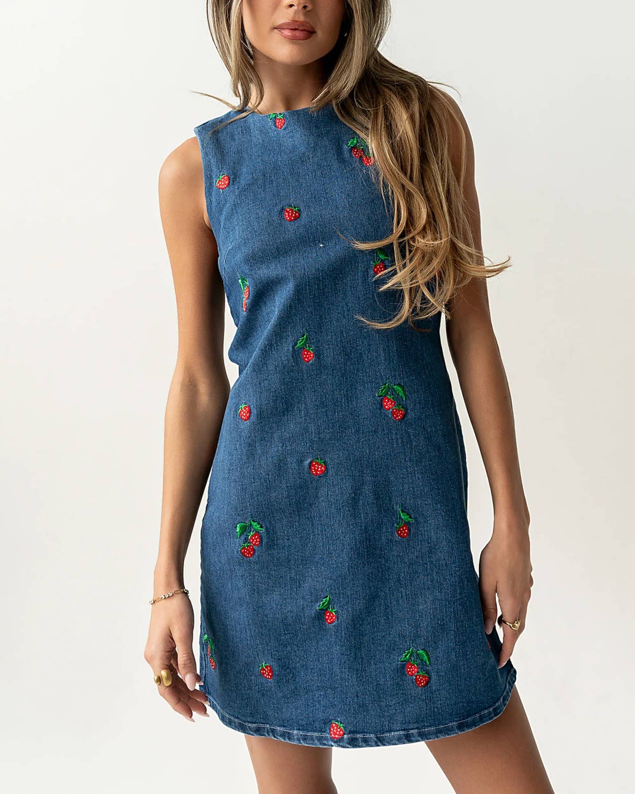 Retro Strawberry Embroidered Sleeveless Denim Dress: Blue / L