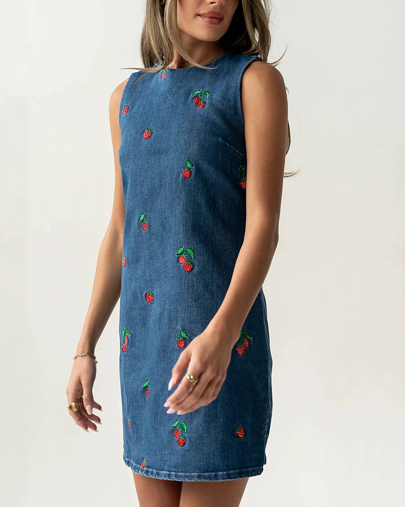 Retro Strawberry Embroidered Sleeveless Denim Dress: Blue / L